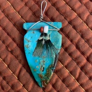 Turquoise Arrowhead Pendant with Feather Accent